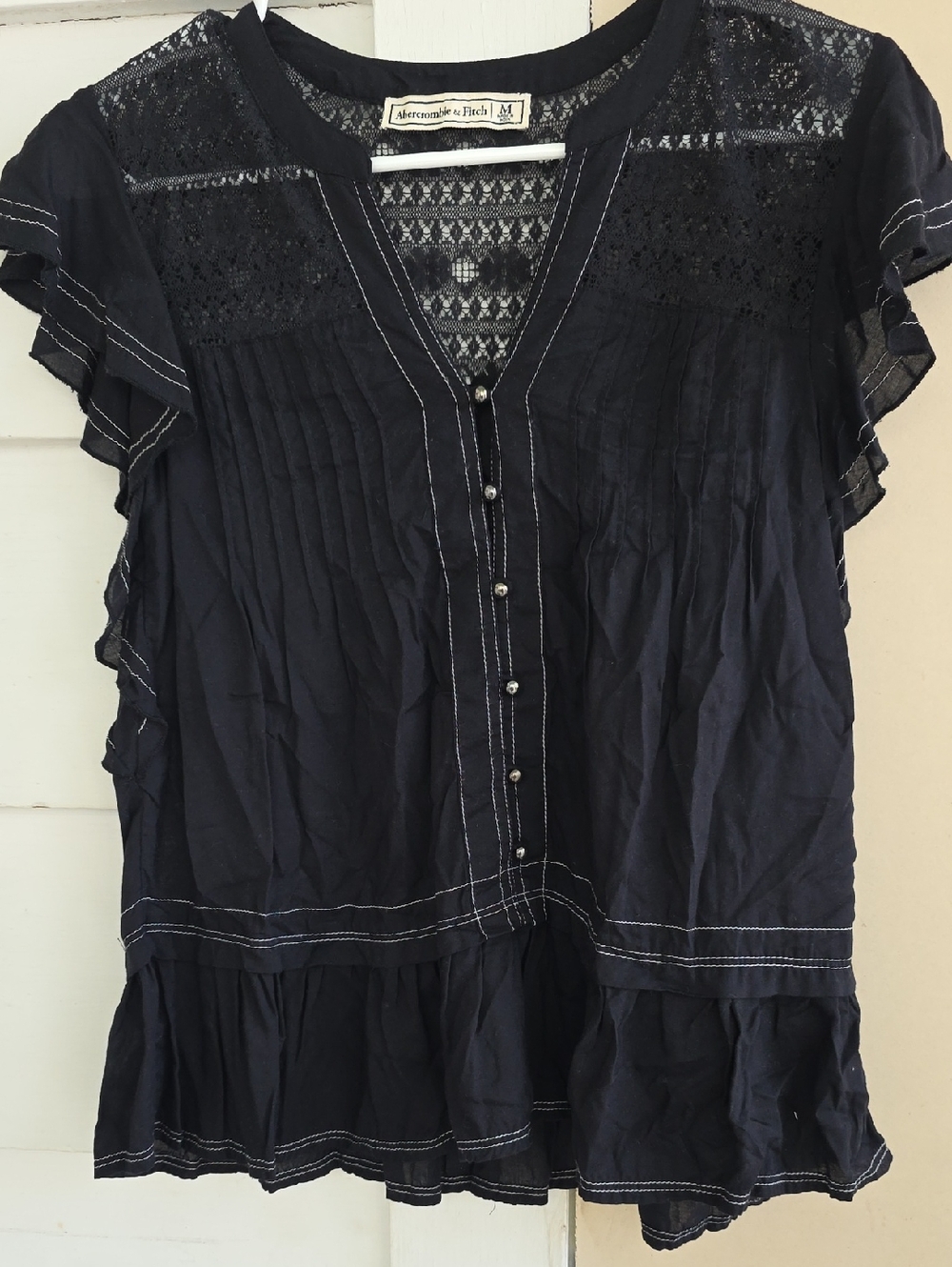 Abercrombie & Fitch Navy Lace-Detail Button Front Women's Top